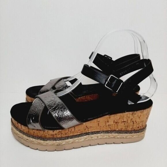 LORA FERRES Patform Wedge Sandals Strappy Black & Silver Sz Eur 38 | US 8 - Picture 7 of 12